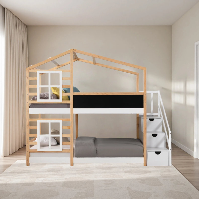 Lit superposé avec fenêtre de toit, tableau noir et échelle de rangement, Simple sur simple