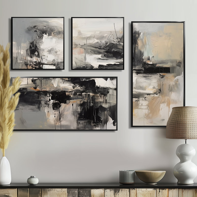 Gris intérieur noir de mondes de marbre II - Décoration murale géométrique abstraite 4 pièces, Noir