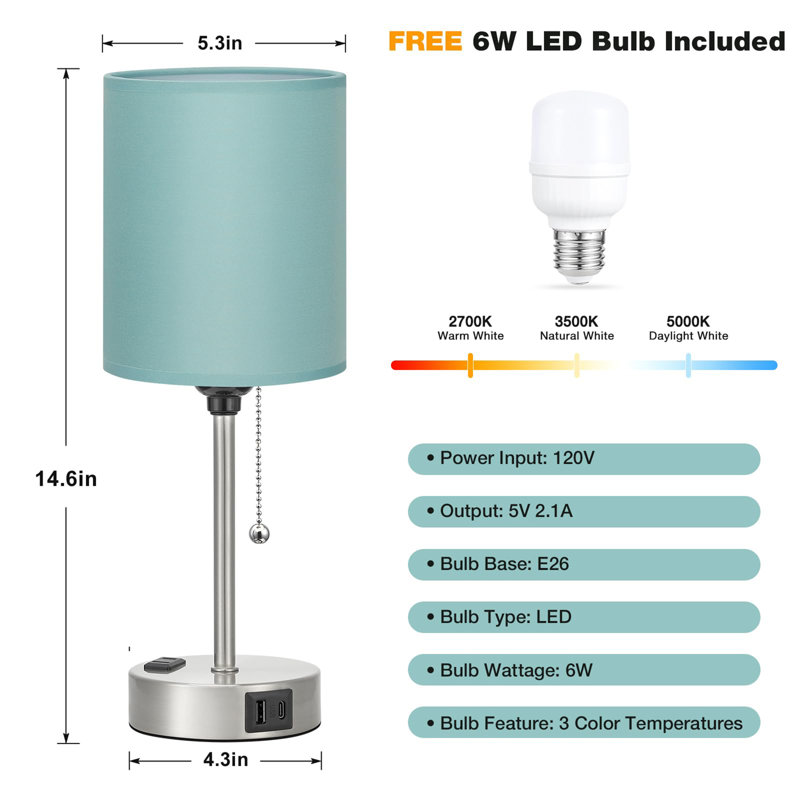 Small Bedside Table lamp for Bedroom, Silver, Teal
