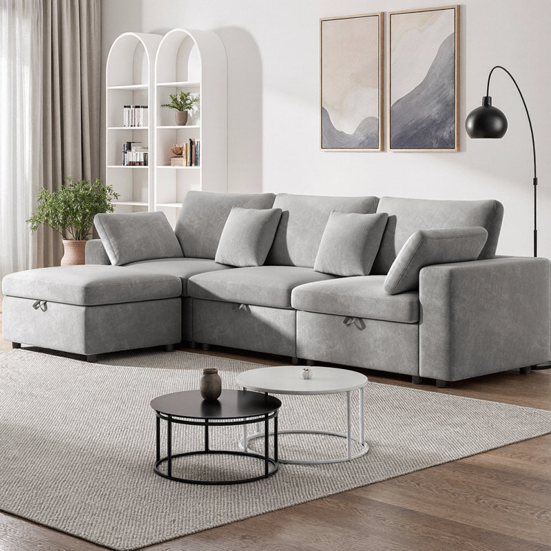 Canapé modulaire surdimensionné de 118 po avec repose-pieds avec rangement, canapé en tissu de velours en forme de L avec coussins amovibles, rangement intelligent et structure en bois massif pour la chambre du salon