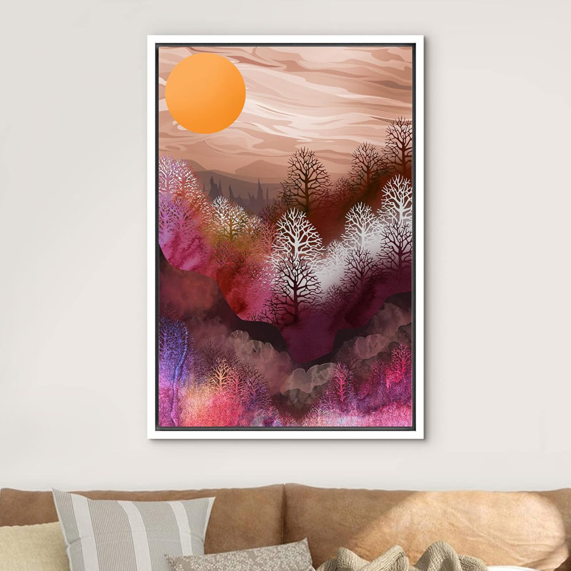 Soleil, chaîne de montagnes, paysage abstrait, illustrations, moderne, rustique, Blanc, H 36 po x l 24 po