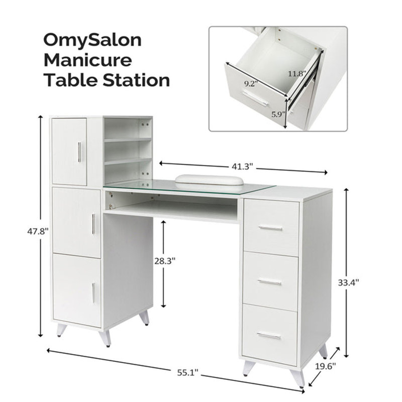 Table manucure à ongles avec plateau en verre et repose-poignet, Blanc
