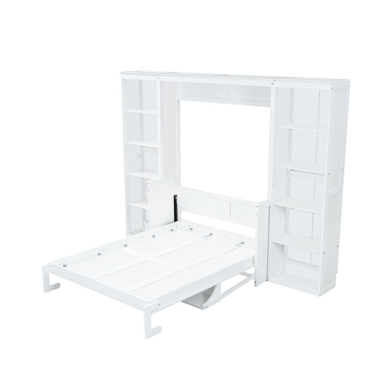 Lit double avec bureau et bibliothèque en blanc - Robuste et robuste, Lit double