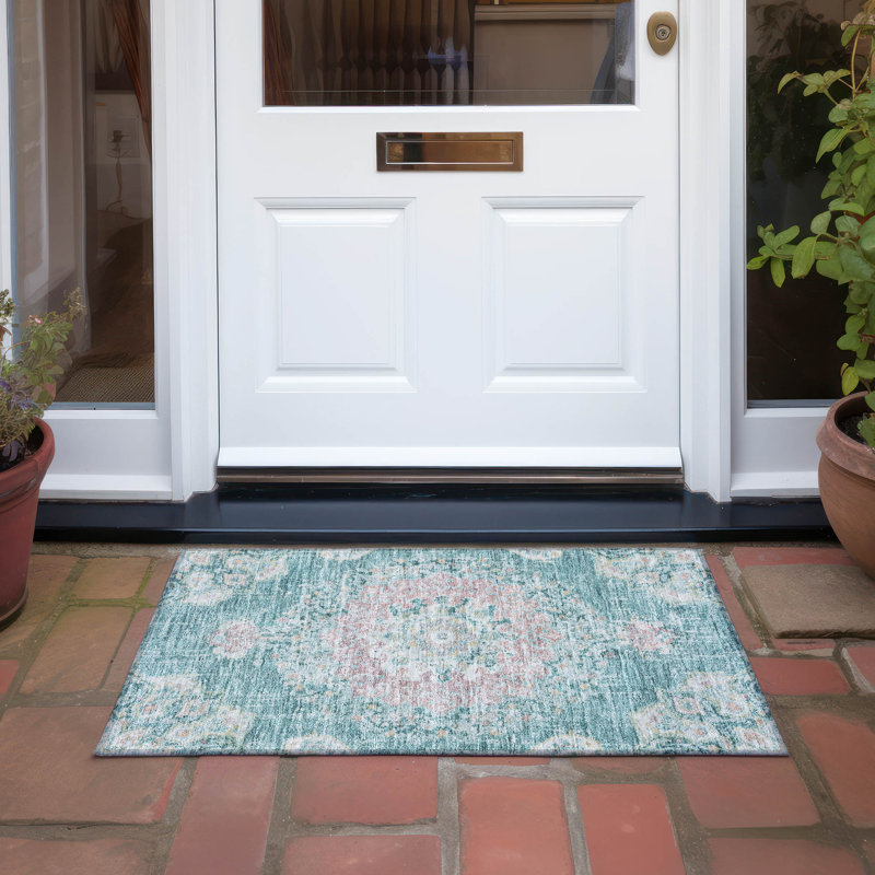 Tapis sarcelle intérieur / extérieur lavable à la machine Claudian ACN1236, Rectangle 1 pi 8 po x 2 pi 6 po