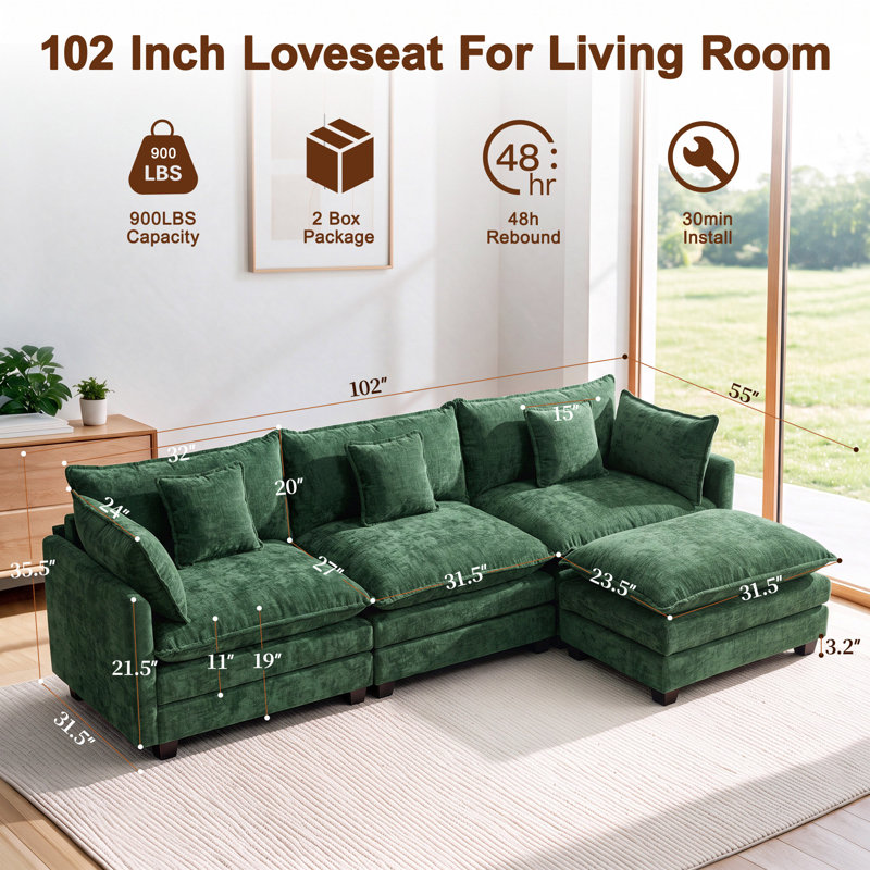 Upholstered " Chenille Sofa, 102"L, Green