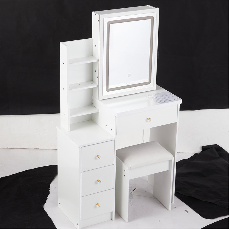 29.2" Small Size Left Bedside Cabinet Vanity Table + Cushioned Stool, Large Sliding, Touch Control, Tri-Color Switching, Brightness Adjust LED Mirror, High Capacity Storage, Suitable For Small Space