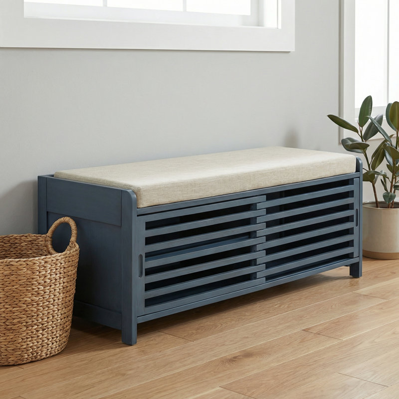 Rustic Entryway Storage Bench With Cushion - Shutter Door Organizer For Shoes And Accessories, Navy