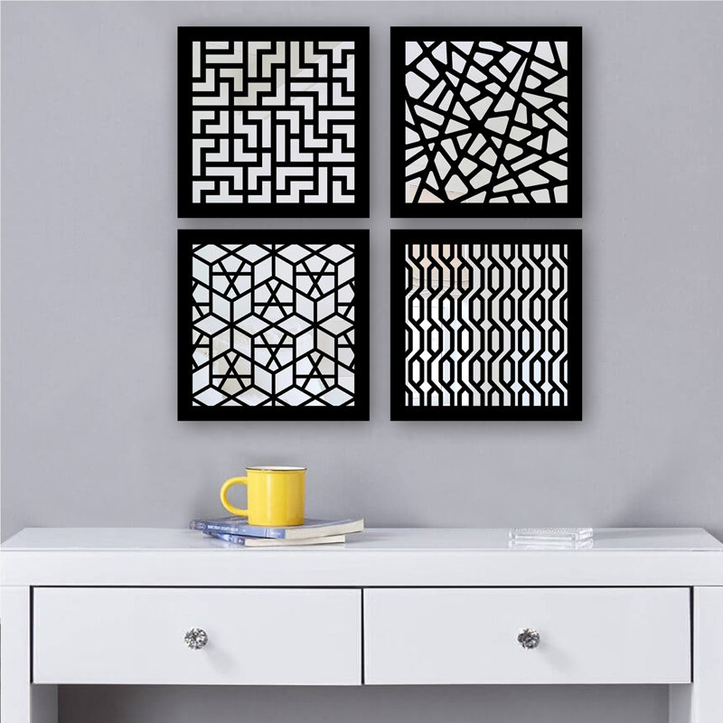 Elegant Mirror Set (4 Pieces), Silver Finish, 7.9 x 7.9 inches | 100% Glass with 0.12 inch MDF Laser Cut Pattern | Easy Wall Hanging Design | Perfect for Home Decor, Living Room & Bedroom Accents