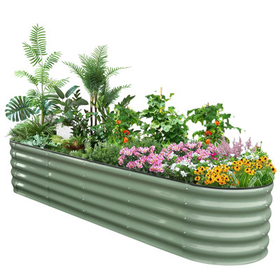 HOOFUN 17" Tall Metal Raised Garden Bed, 9 in 1 Garden Raised 8ftX2ft Garden Bed Kits for Vegetables Flowers, Oval Outdoor Planter Box w/ 6 Support Bars - Olive Green