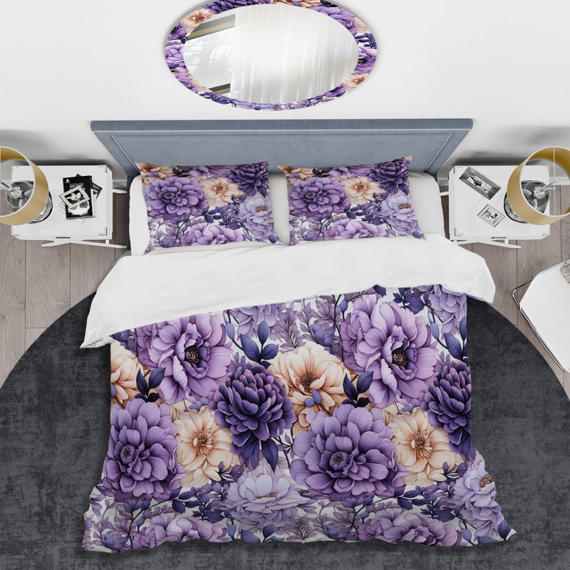 Ensemble de housse de couette rose et mauve, Housse de couette pour grand lit et 2 taies décor