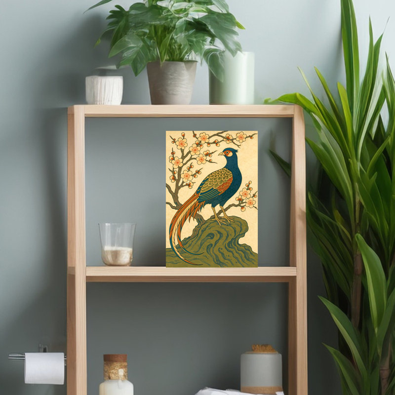 Art mural bleu, faisan bleu et fleurs, H 18 po x l 12 po