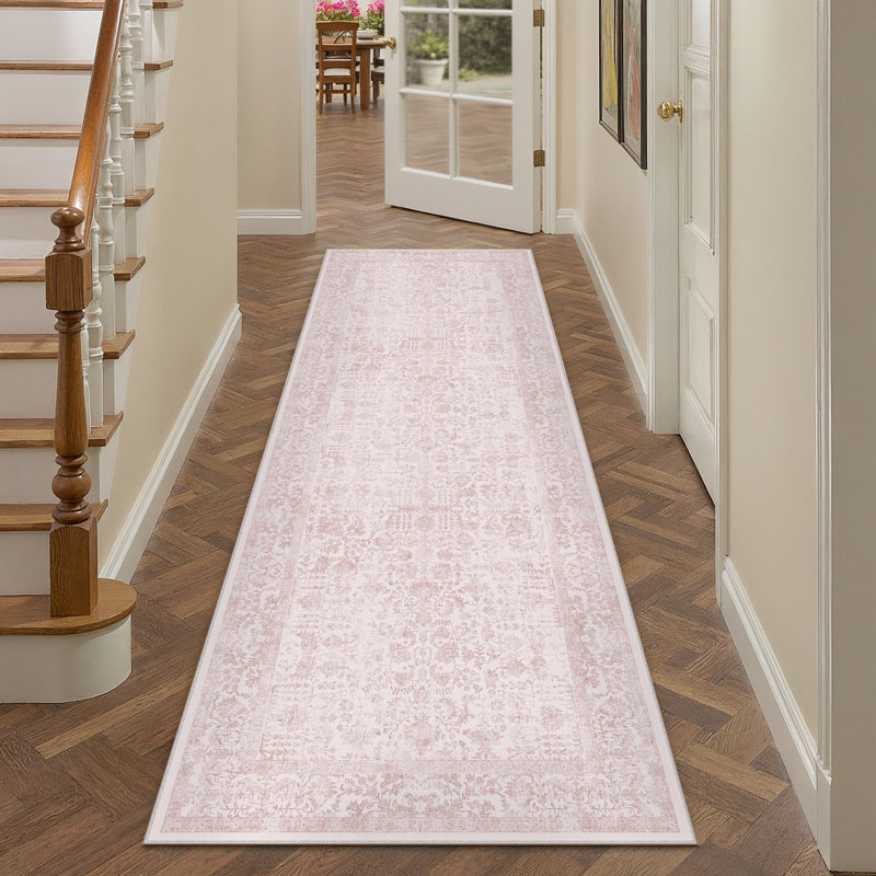 Tapis vintage lavable à la machine avec envers antidérapant Kitty, Pink, 0.28", Tapis de couloir 2 pi x 8 pi