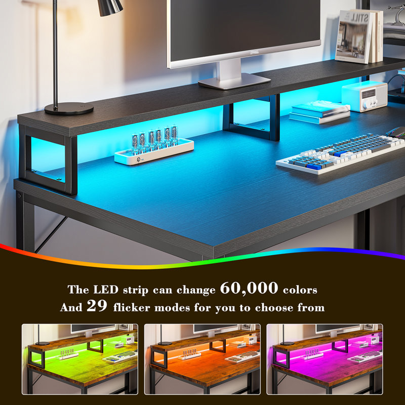 Computer Desk With  Led Lights And Power Outlets, Gaming Desk With Monitor Stand,Home Office Writing Desk With Storage And 2 Shelves