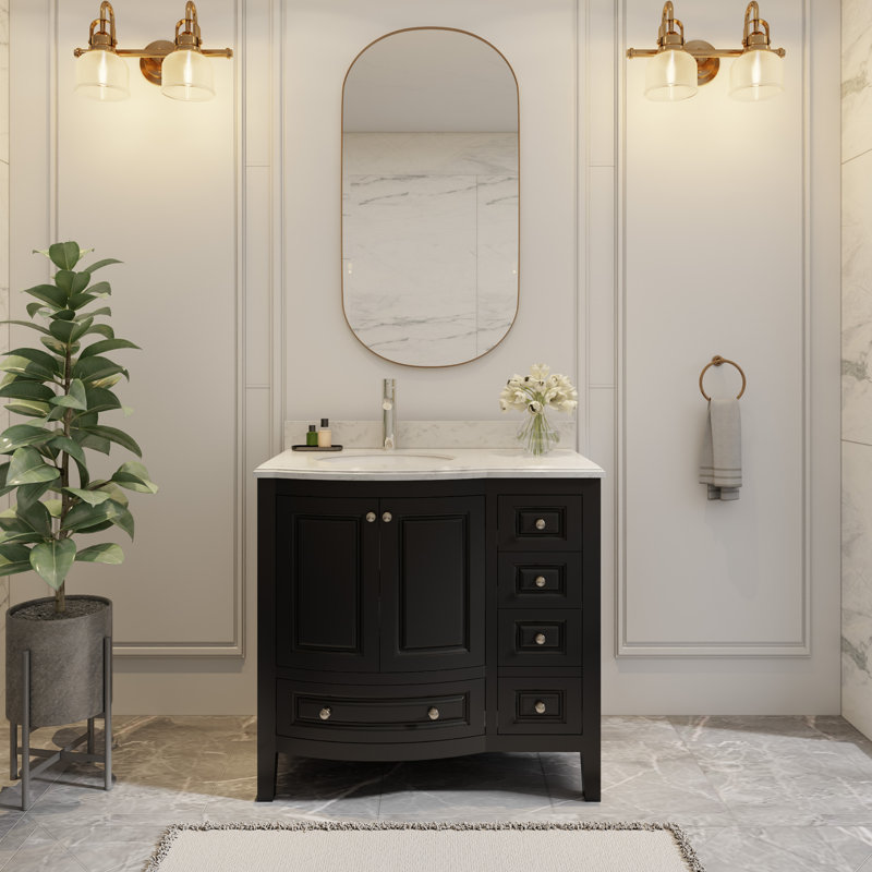 Mandilyn 36" Fully Assembled Single Sink Bathroom Vanity with Engineered Stone Top, Ceramic Sink, Hand Paint, Black