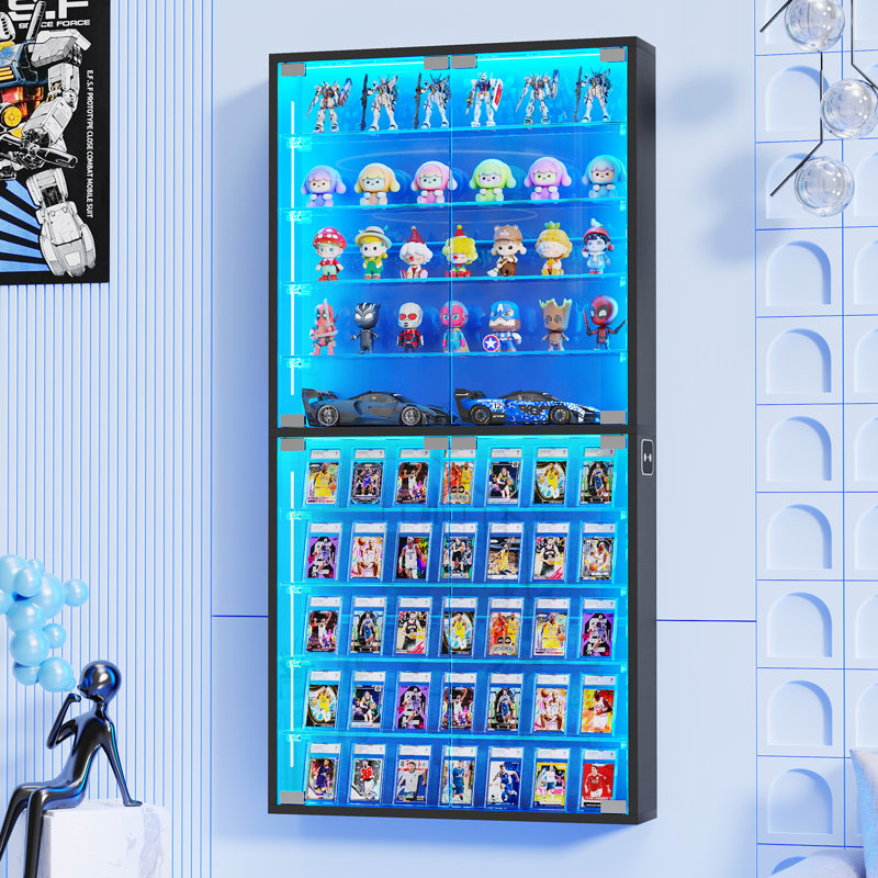 Wall Display Case with Glass Doors, Sports Card Display Case 10-Tier, Adjustable Glass Shelves, Shot Glass Display Case for Collectibles, Display Cabinet for Trading Cards, Black