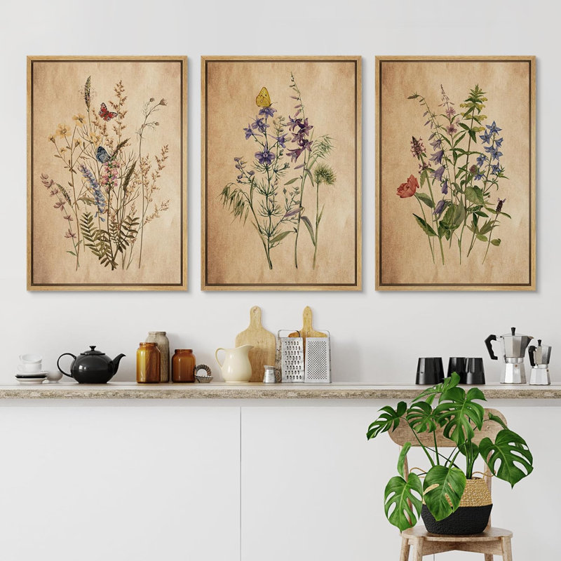 Bouquet de fleurs vibrantes et rétro 3 pièces, Naturel, H 36 po x l 24 po x P 1,5 po