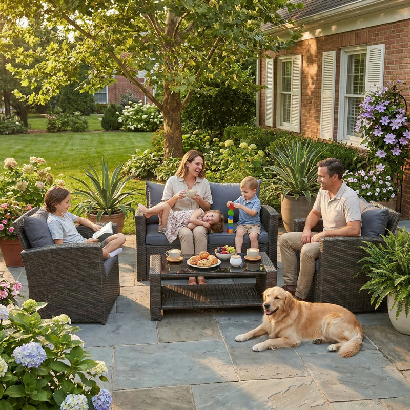 4-Person Modular Wicker Patio Furniture Set With Glass Coffee Table – All-weather Outdoor Conversation Set, Gray