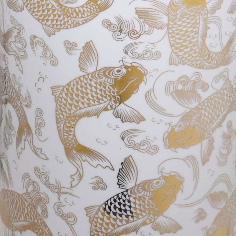  Porcelain Cylinder Flower Vase with Modern Gold Fish on White Glaze