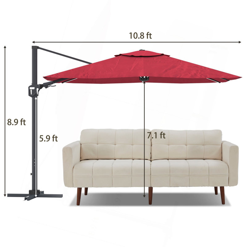 Parasol carré en porte-à-faux 11 pi avec lumière DEL 11 pi (sans base de parasol)