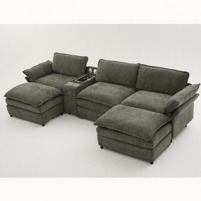 U Shaped Modular Sectional Sofa,Storage Console & Wireless Charging,2 Cup Holders,Bluetooth Speakers,2 Movable Footstools,Adjustable handrail,Movable seat,Chenille,Green