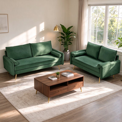 2-Piece Matching Velvet Sofa Set with Nailhead Trim and Gold Metal Legs, Modern Upholstered Sofa and Loveseat Combo for Living Room, Green
