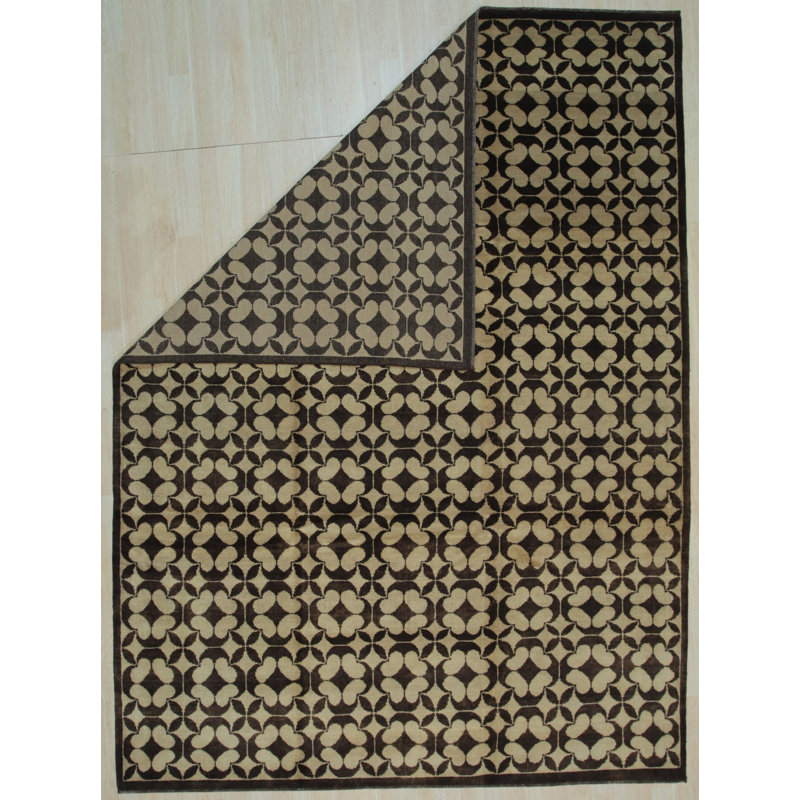 Black Hand-Knotted Wool Linked Quatrefoils Geometric Modern Contemporary Carpet Rug, 10' x 14'