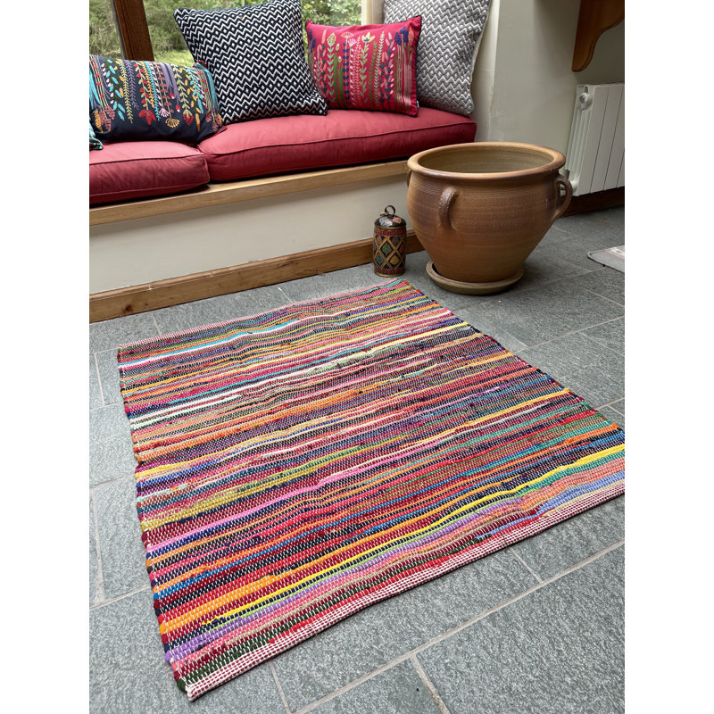 Seth Rainbow Striped Recycled Cotton Handwoven Flatweave Rug, Square 200cm