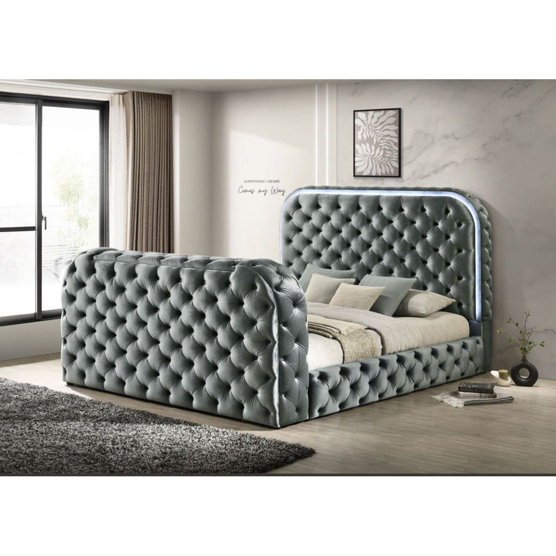 Grand lit en velours avec foyer, meuble télé et meuble télé Upholstery, Gris