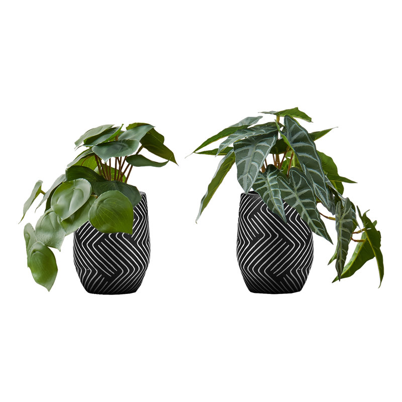 Artificial Plant, 8" Tall, Alocasia, Indoor, Faux, Fake, Table, Greenery, Potted, Set Of 2, Decorative, Green Leaves, Cement Pots