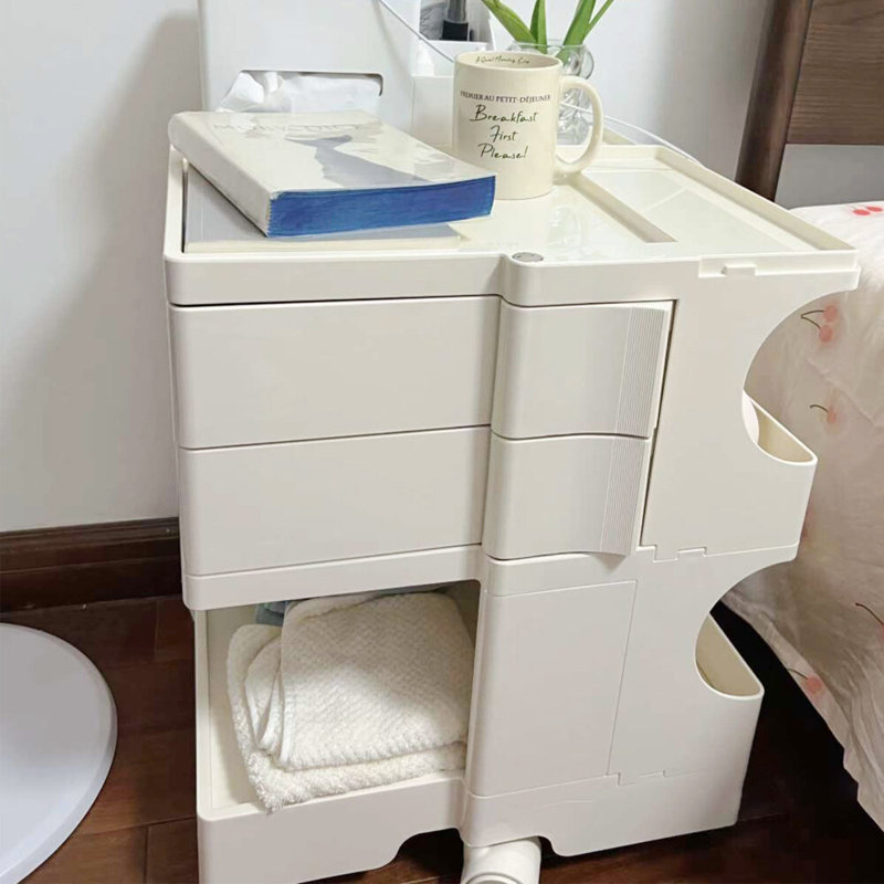 360° Rotating Movable Storage Cabinet Nightstand With 2 Slide Out Drawer, Beige