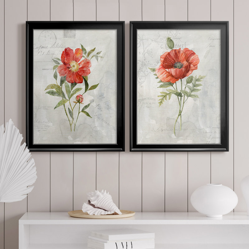 Lin pivoine - ensemble de 2 peintures sur toile, H 18,5 po x l 49 po x P 1,5 po, Black Framed Canvas