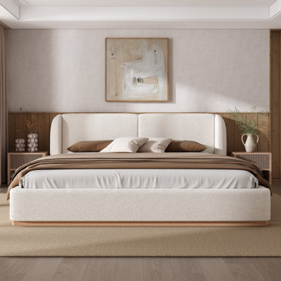 King Size Bed Frame with Boucle Upholstered Wingback Headboard, Solid Wood Base