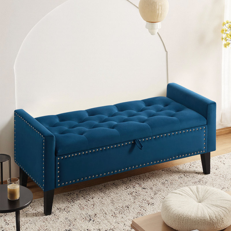 Banc de rangement à couvercle rabattable en velours l 47 po, Bleu