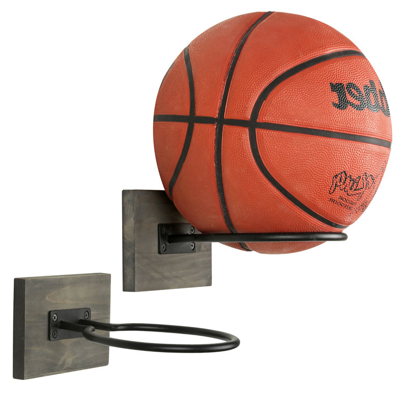 Rustic Gray Wood and Black Metal Wall Mounted Sports Ball Holder