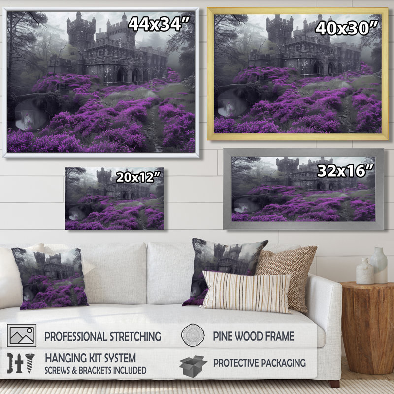 Art sur toile, châteaux monochromes gris et brouillard gris en France III, Toile avec cadre flottant noir