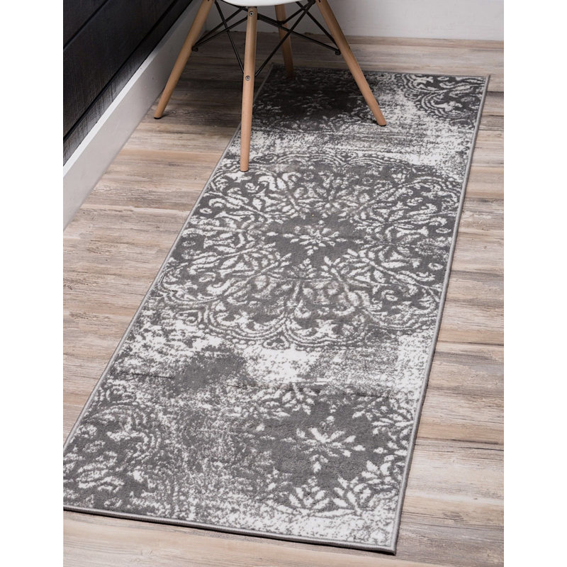 Tapis gris tissé à la machine Oneita, Tapis de couloir 3 pi 3 po x 16 pi 5 po