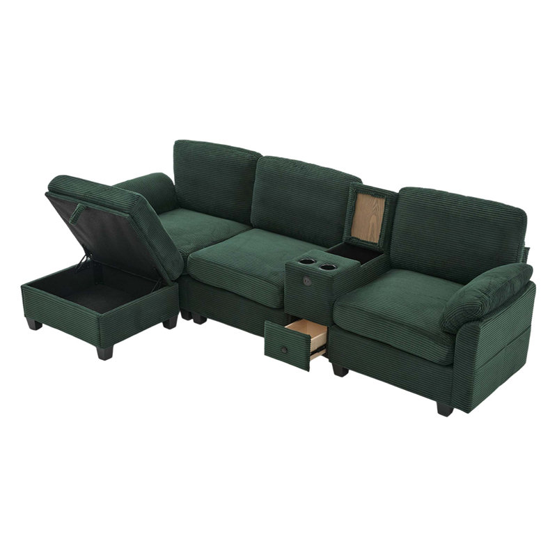 UNITED WE WIN L-type Multifunctional Corduroy Sofa with 4-seater Segmented Design, Cup Holder, USB Interface, Storage Box, Movable Console and Ottoman Storage for Apartment Comfort