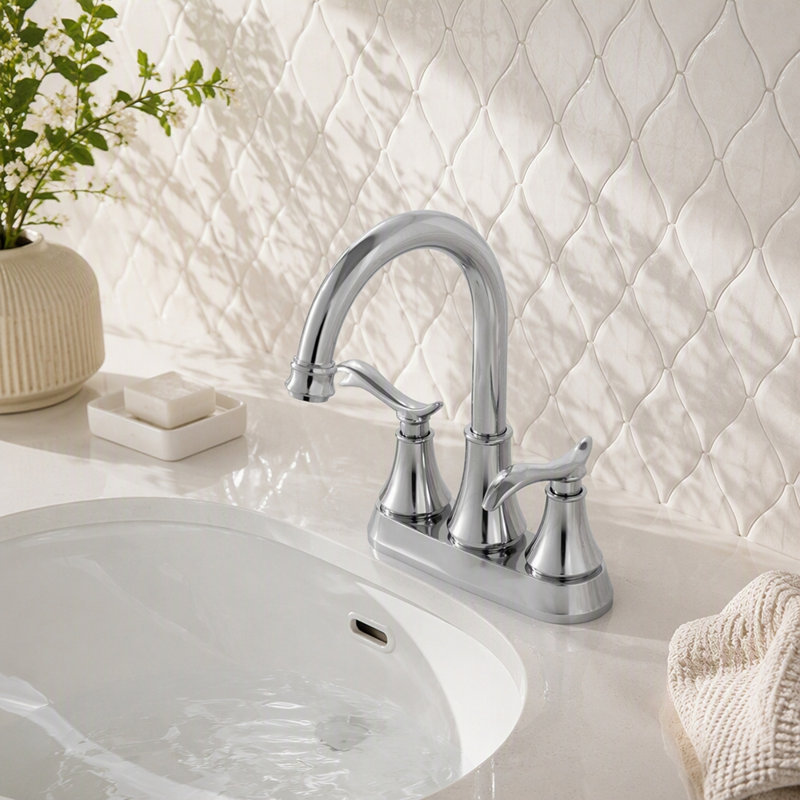 Robinet de salle de bain chromé avec bonde escamotable et tuyaux d'alimentation Robinet de meuble-lavabo central à 4 poignées et pivotant à arche haute 360 degrés à 2 poignées
