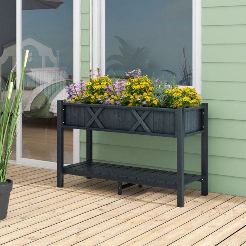 Boîte à fleurs surélevée en poly avec pieds de drainage pour tablette de rangement, Noir, noir, noir, noir