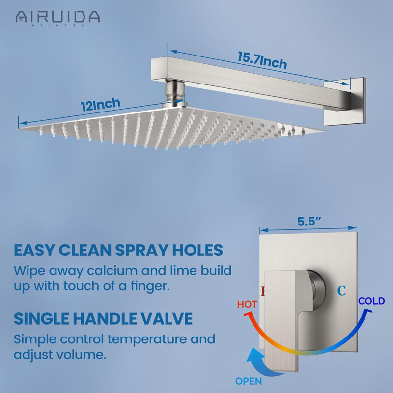 Airuida Shower Faucet Set With 12 Inch Wall Mount Rain Shower Head, Single Handle Mixer Valve, SUS304 Stainless Steel And Brass Construction, Brushed Nickel Finish