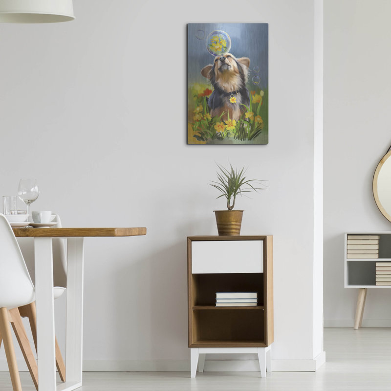 «Chien jouant avec une bulle de savon» par Kajenna, art mural en métal, 16 po x 24 po, H 24 po x l 16 po