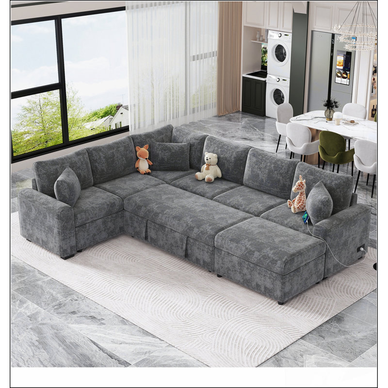 112.2" Sectional Sofa Pull-out Sofa Bed Sleeper with a Storage Ottoman, 6, Gray