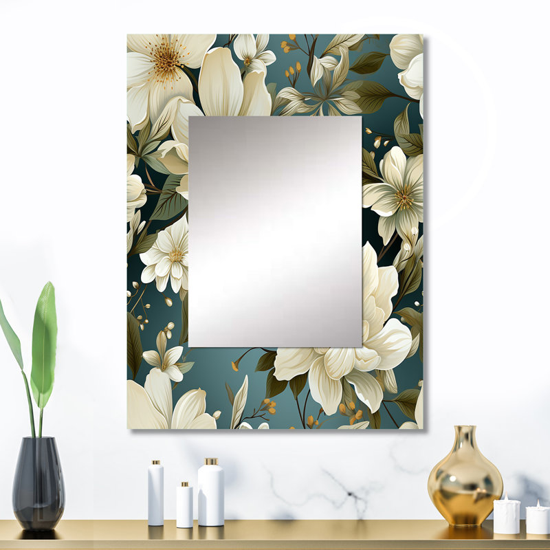 Adolina blanc vert élégant motif botanique - miroir floral, miroir mural unique Cottage, impression d'art en métal