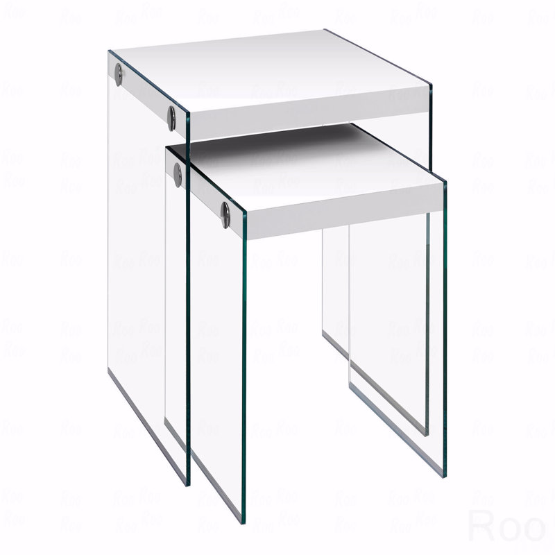 Ensemble de 2 tables gigognes, latérales, bout, décor, stratifié brillant, verre trempé transparent, contemporain, moderne