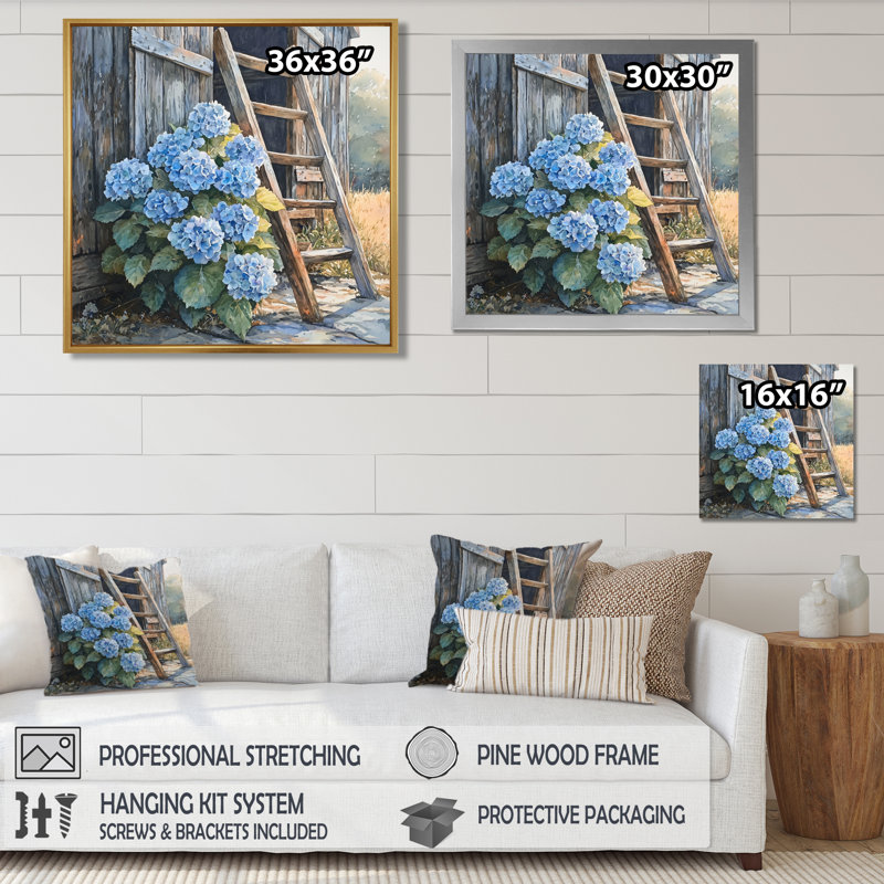 Hydrangées par l'échelle de la grange - art mural hortensias, Reproduction encadrée d'une seule photo, H 16 po x l 16 po