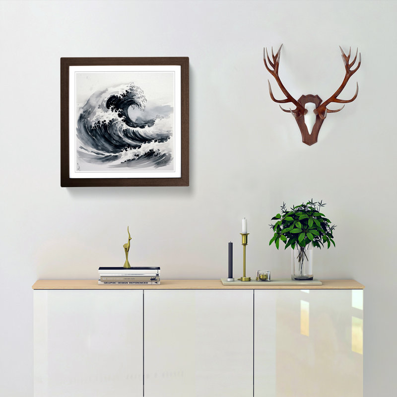 Japanese Wave Ink Wash - Framed Print, Walnut