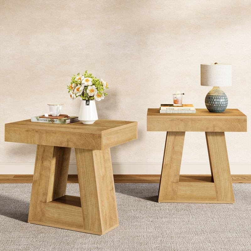 Set Of 2 Modern 24" 2-Tier Side Tables, Narrow Wooden End Tables With Trapezoid Base & Farmhouse Wood-Grain Finish, Natural