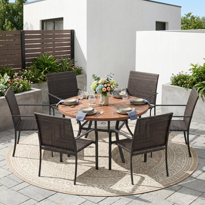 6-Person Round Patio Dining Set With PE Wicker Chairs, Brush Wood Brown