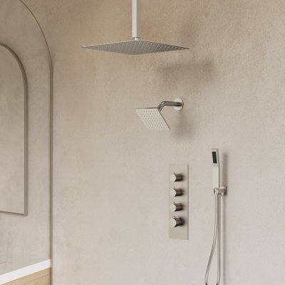 Thermostatic Shower Faucet System, Ceiling Mount High-Pressure Rainfall Dual Shower Head with Rough-In Valve