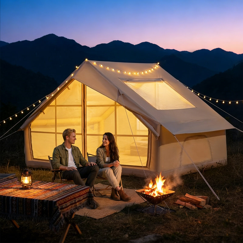 Tente de camping gonflable pour 4 à 6 personnes, tente gonflable imperméable avec grandes portes en filet et lanterneau